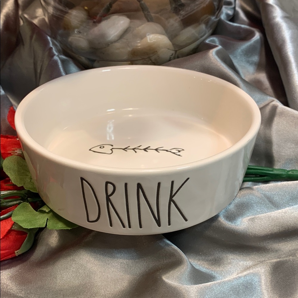 🌹RAE DUNN • White 'Drink' Ceramic Small Pet Bowl •